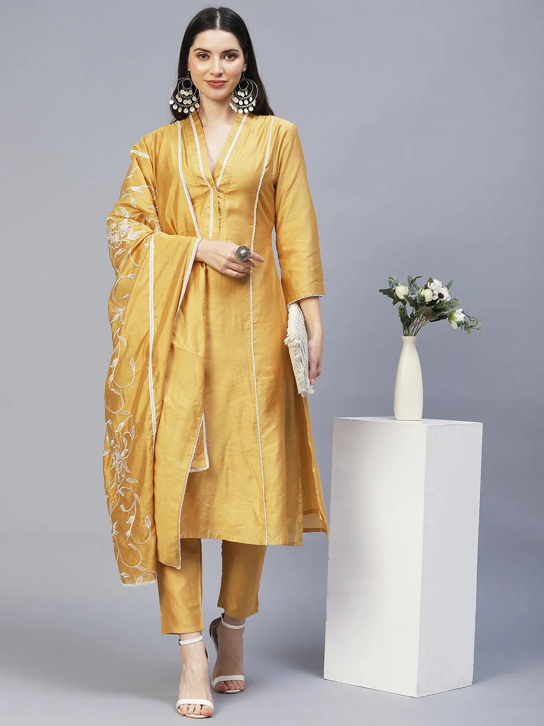 Ethnic Embroidered A-Line Kurta with Pants & Dupatta - Mustard