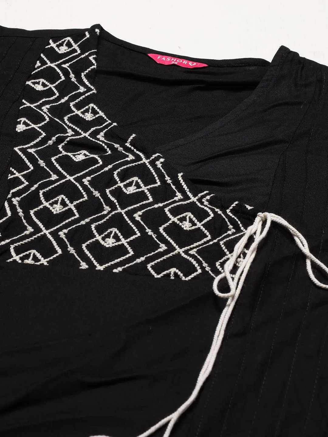 Ethnic Embroidered A-Line Kurta with Pants - Black