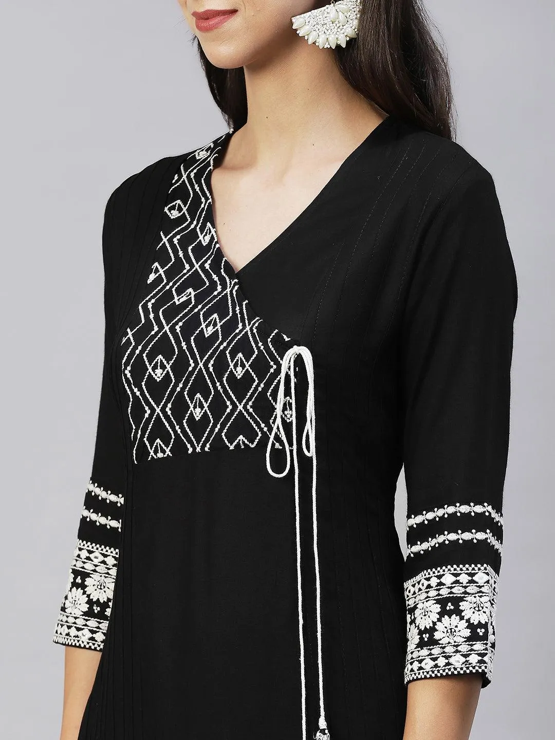 Ethnic Embroidered A-Line Kurta with Pants - Black