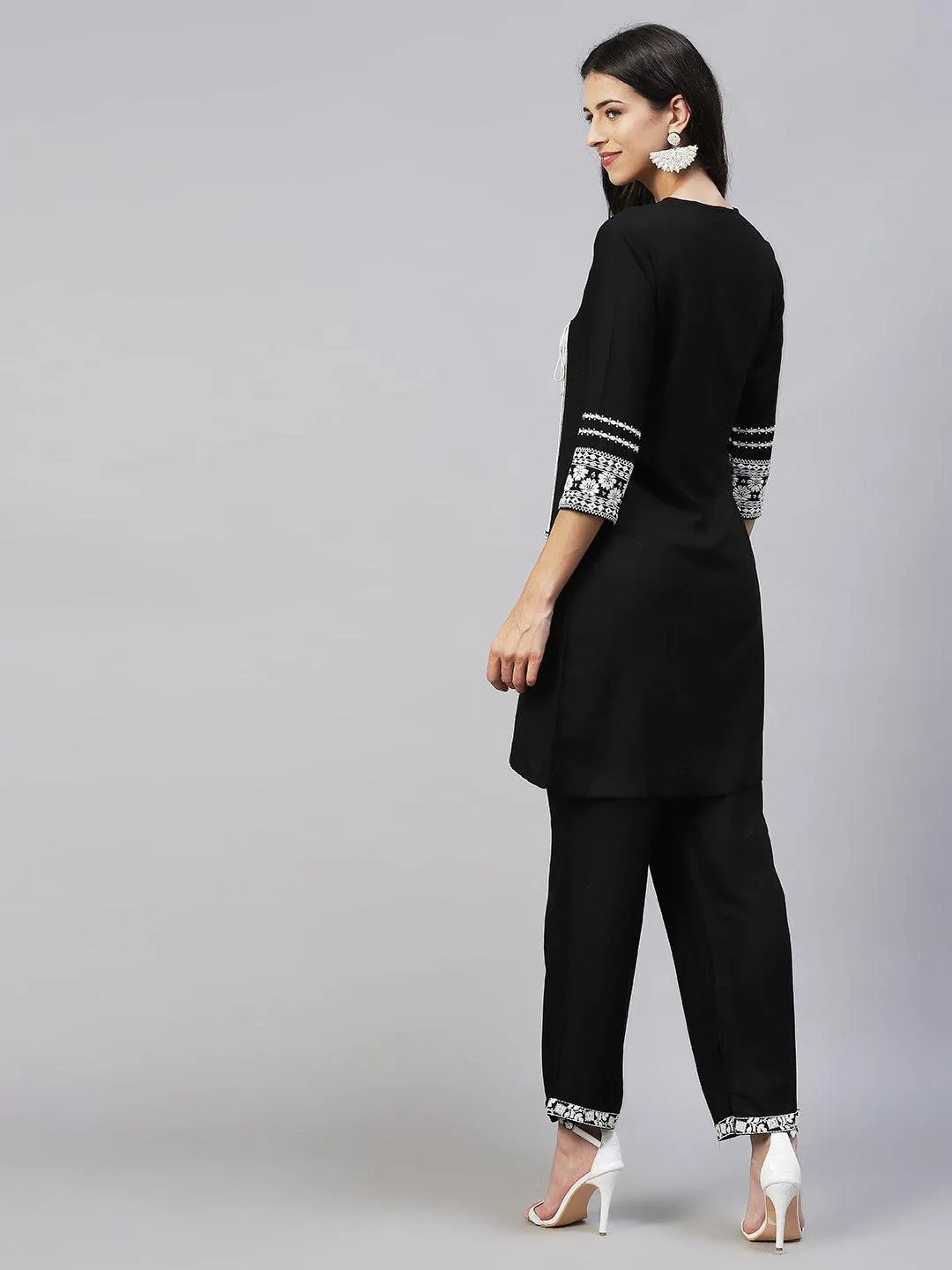 Ethnic Embroidered A-Line Kurta with Pants - Black