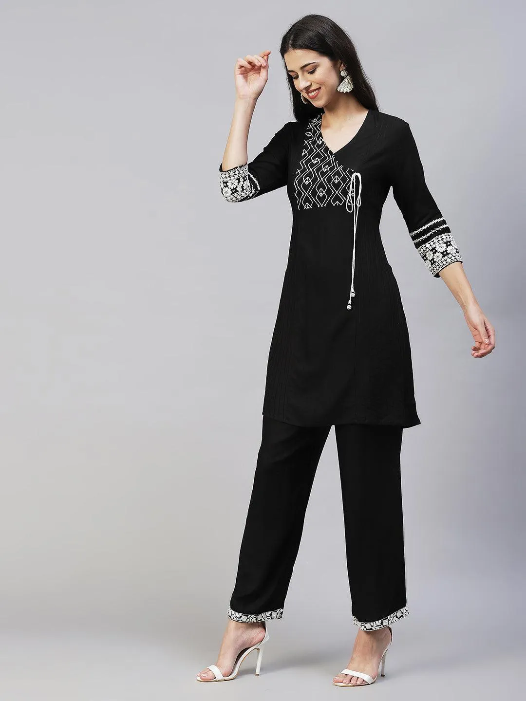 Ethnic Embroidered A-Line Kurta with Pants - Black