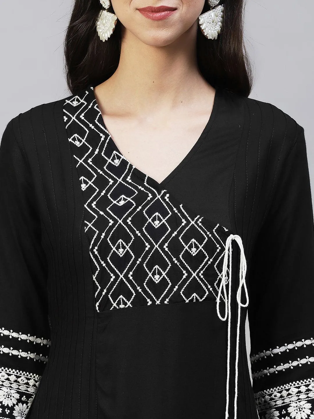 Ethnic Embroidered A-Line Kurta with Pants - Black