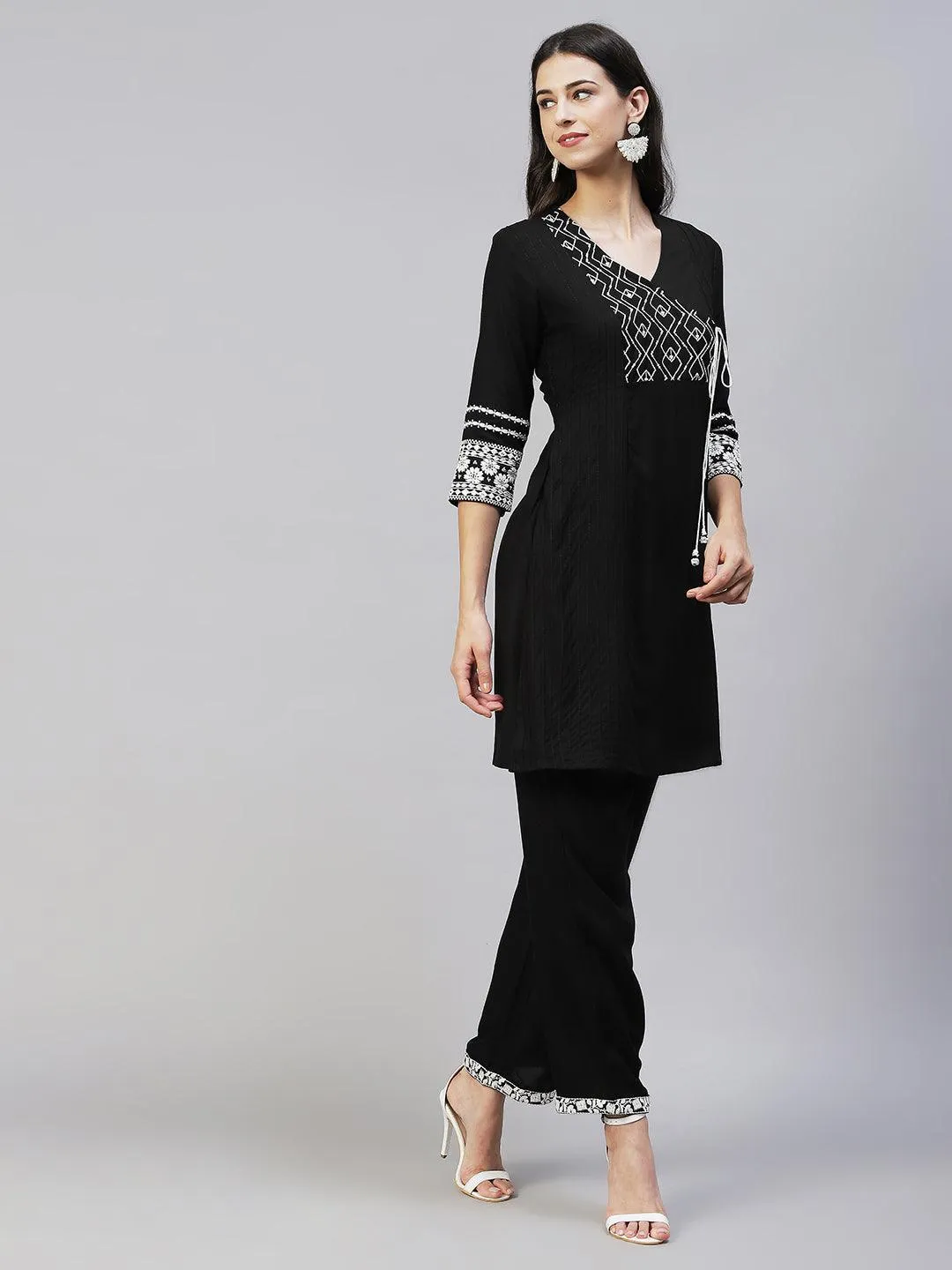 Ethnic Embroidered A-Line Kurta with Pants - Black