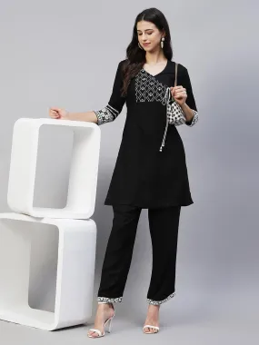 Ethnic Embroidered A-Line Kurta with Pants - Black