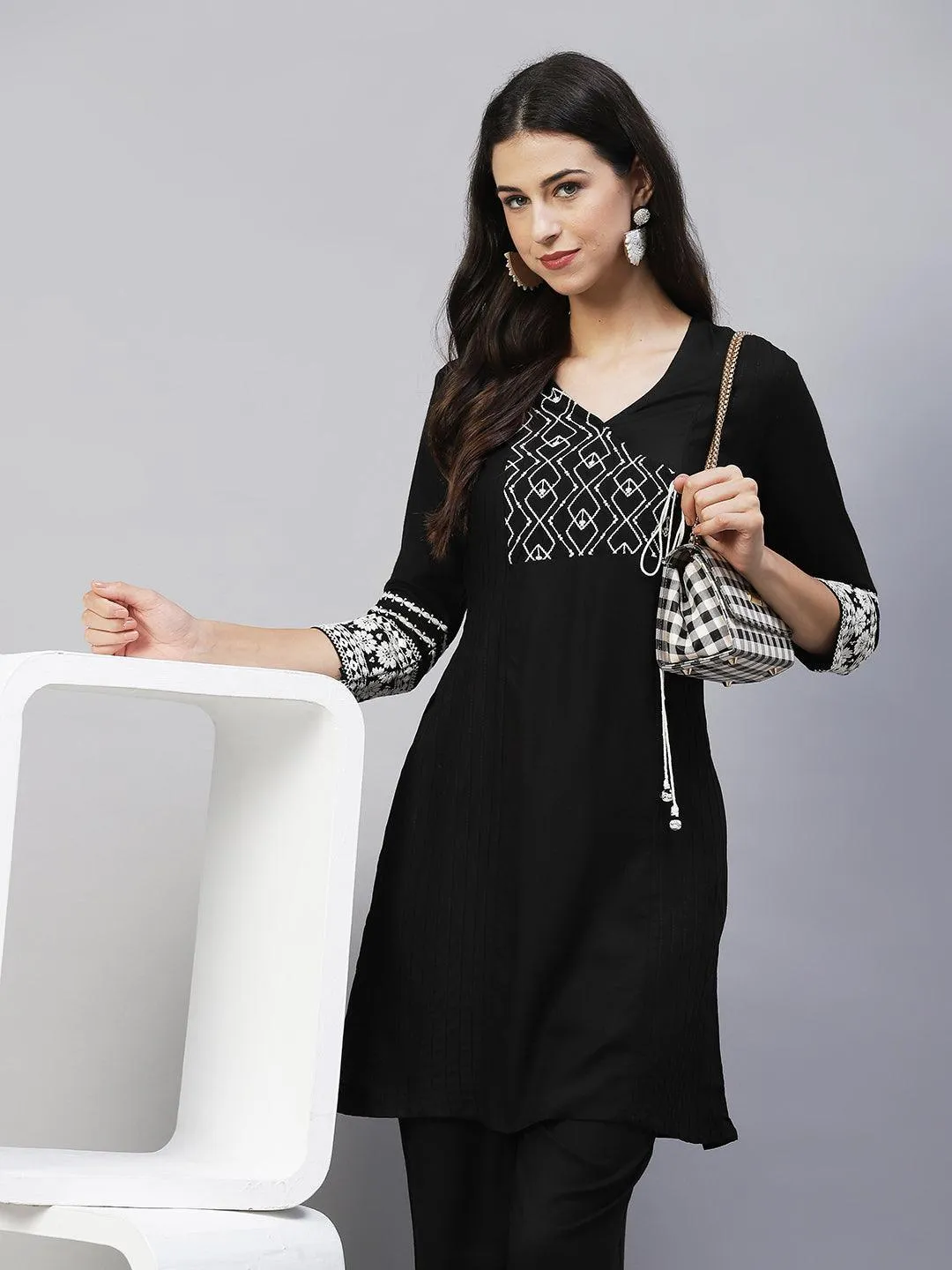Ethnic Embroidered A-Line Kurta with Pants - Black