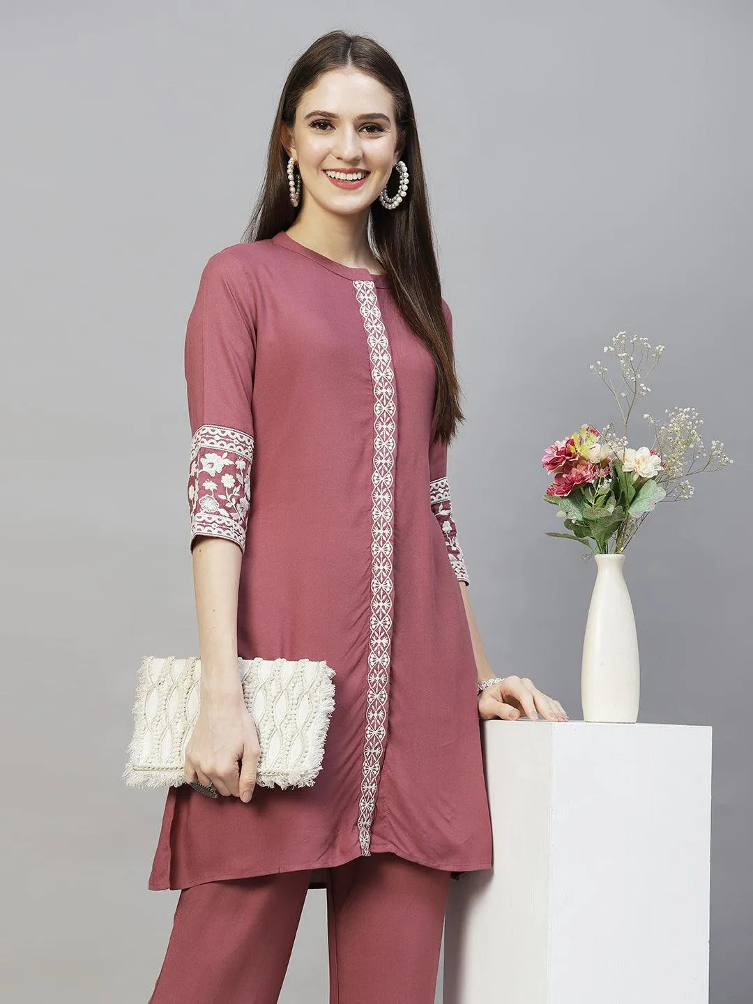 Ethnic Embroidered Co-ord Set - Mauve