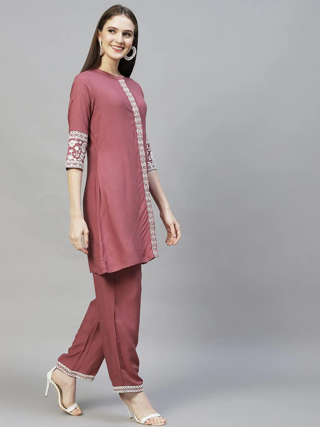 Ethnic Embroidered Co-ord Set - Mauve
