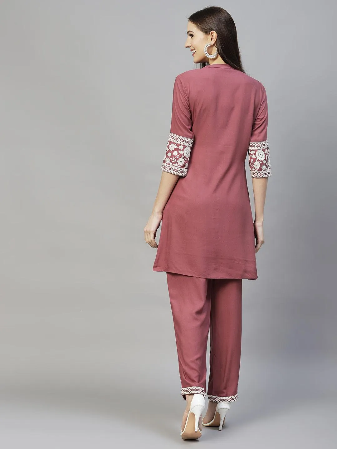Ethnic Embroidered Co-ord Set - Mauve