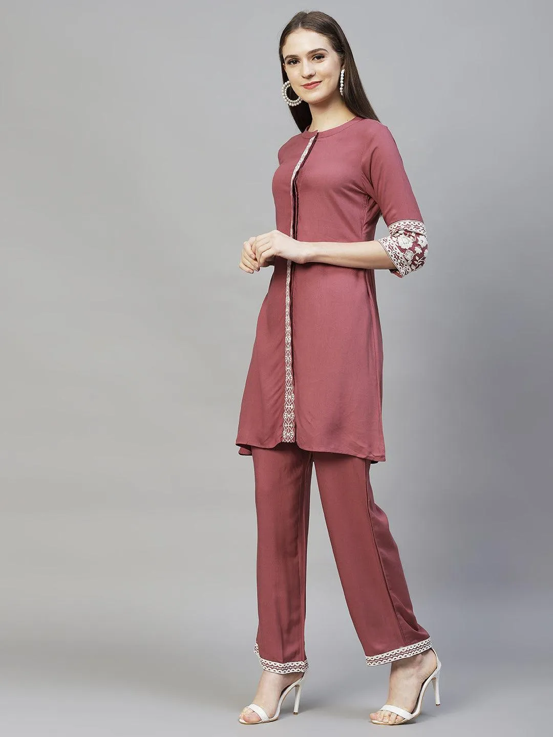 Ethnic Embroidered Co-ord Set - Mauve