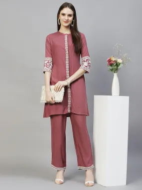 Ethnic Embroidered Co-ord Set - Mauve