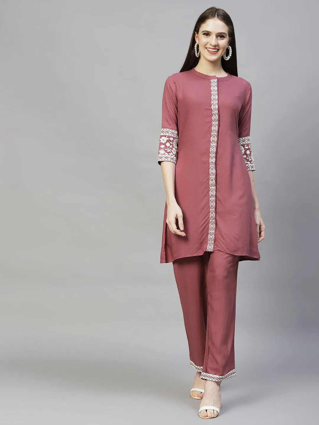 Ethnic Embroidered Co-ord Set - Mauve