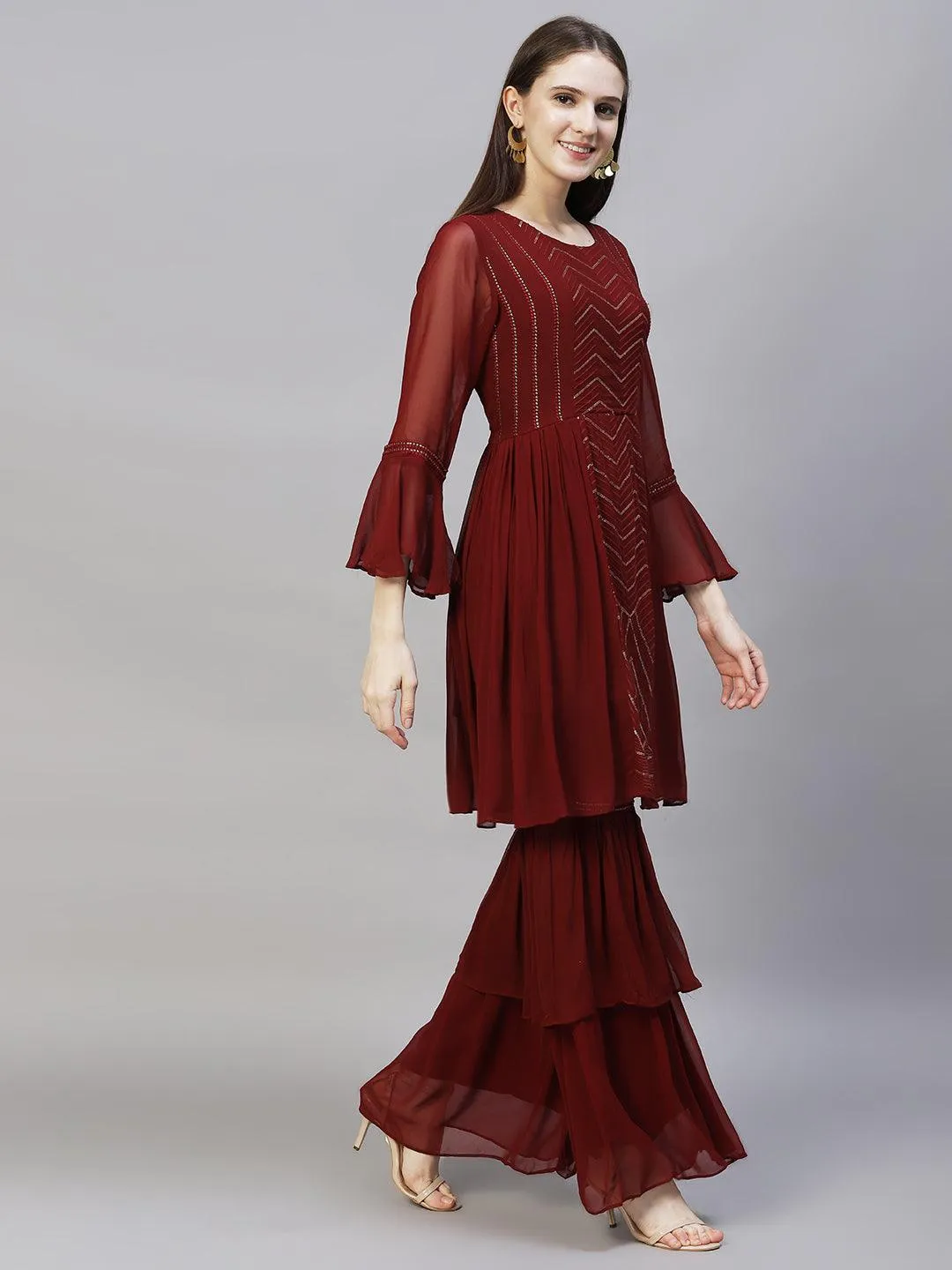 Ethnic Embroidered Peplum Flare Kurta with Sharara - Burgundy