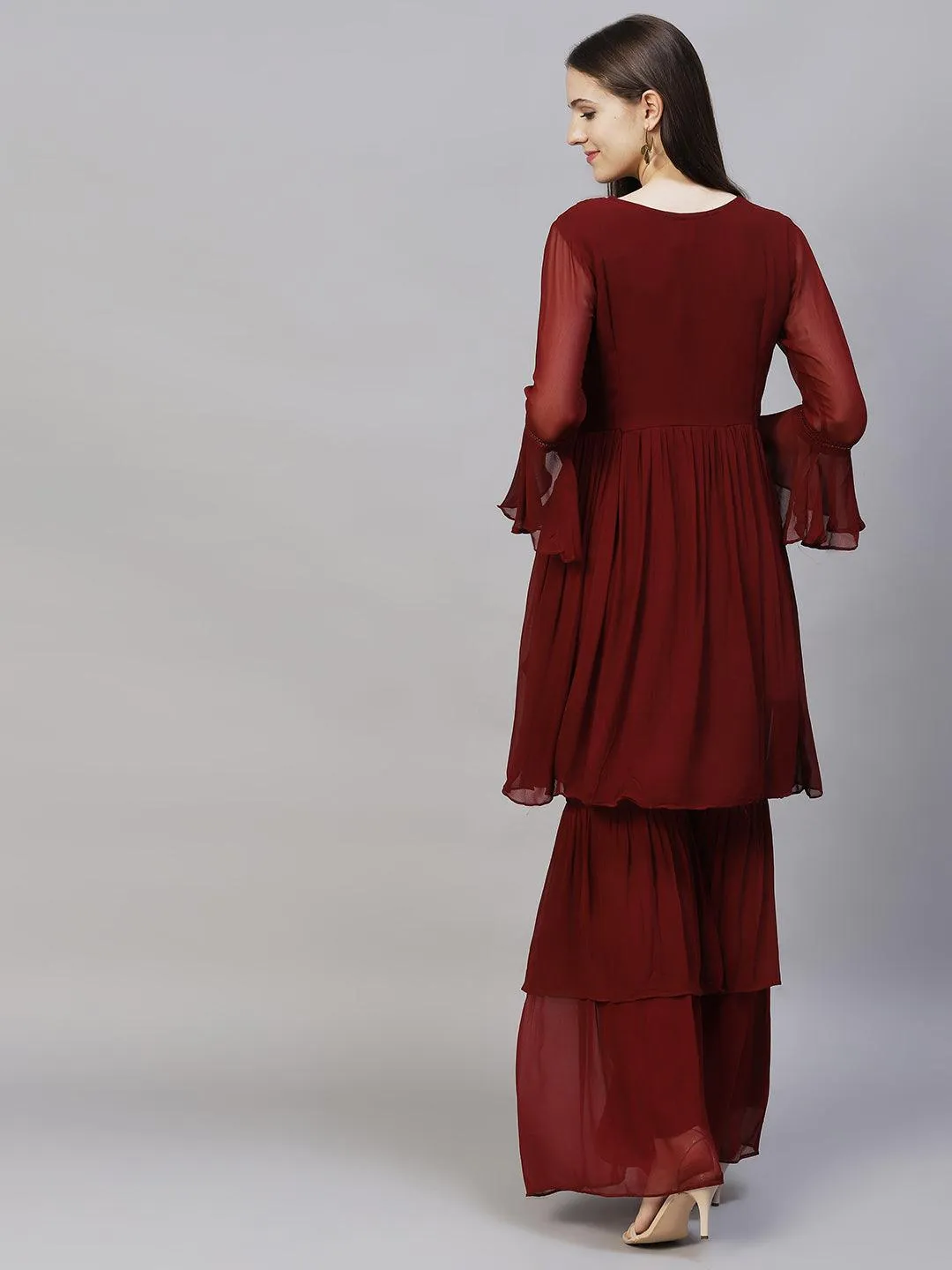 Ethnic Embroidered Peplum Flare Kurta with Sharara - Burgundy