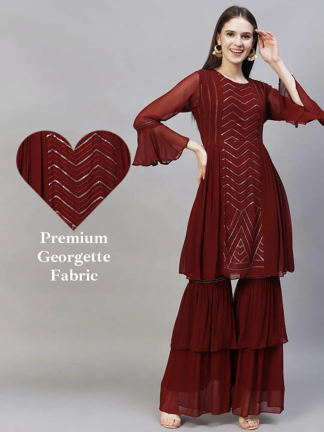 Ethnic Embroidered Peplum Flare Kurta with Sharara - Burgundy