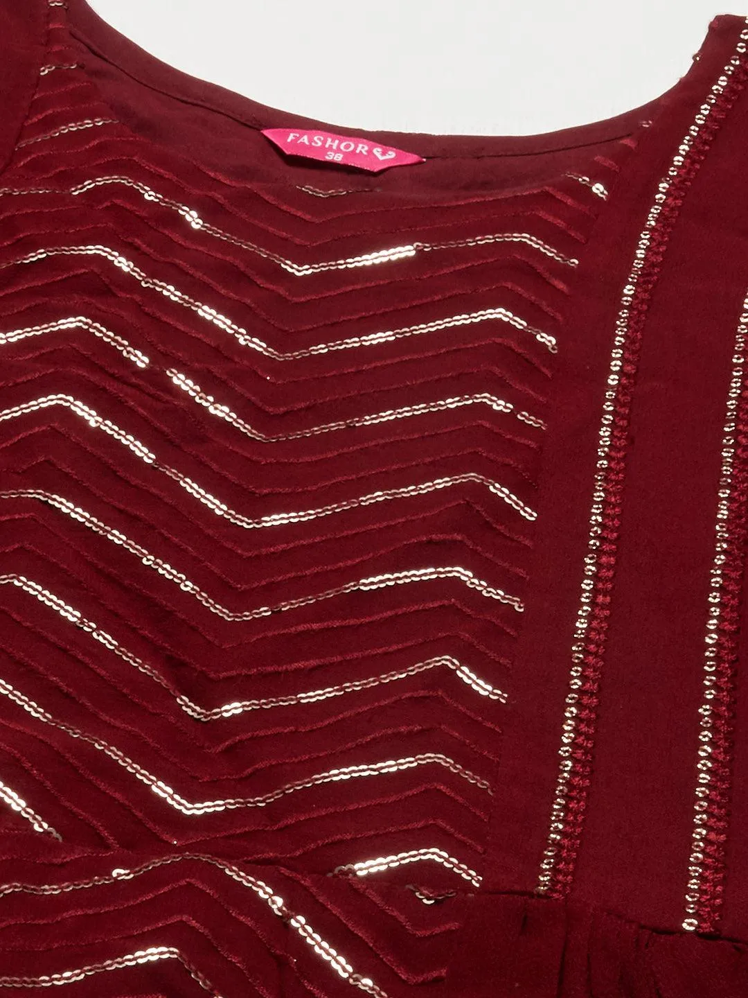 Ethnic Embroidered Peplum Flare Kurta with Sharara - Burgundy