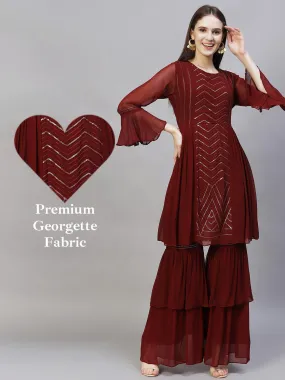 Ethnic Embroidered Peplum Flare Kurta with Sharara - Burgundy