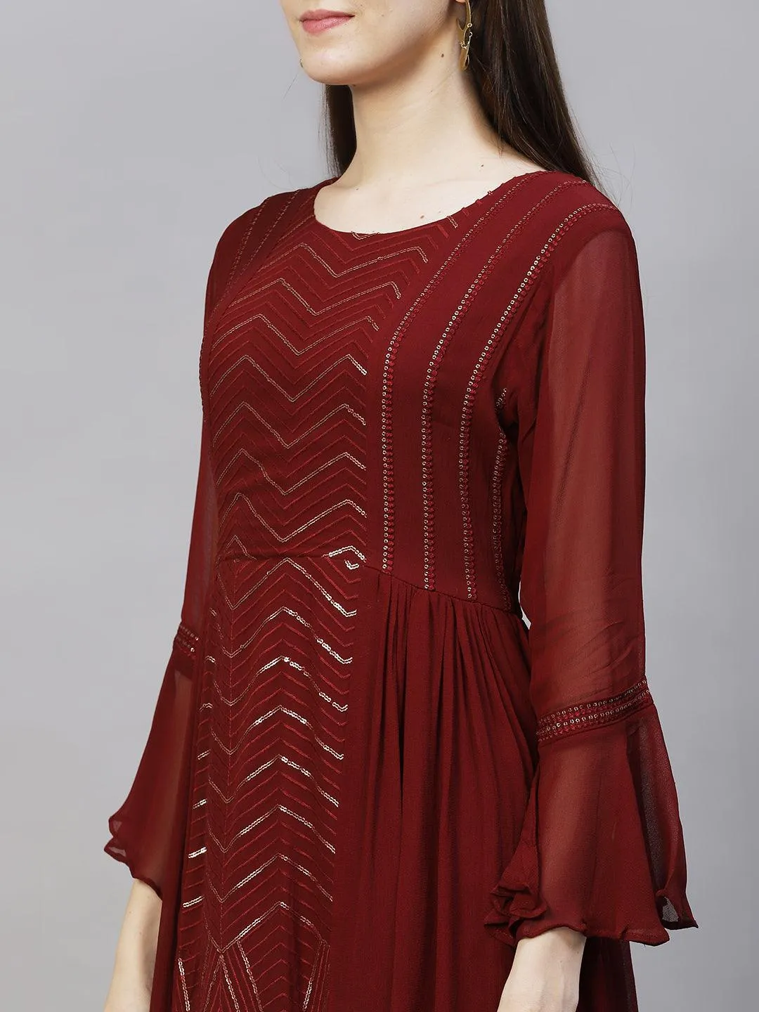 Ethnic Embroidered Peplum Flare Kurta with Sharara - Burgundy