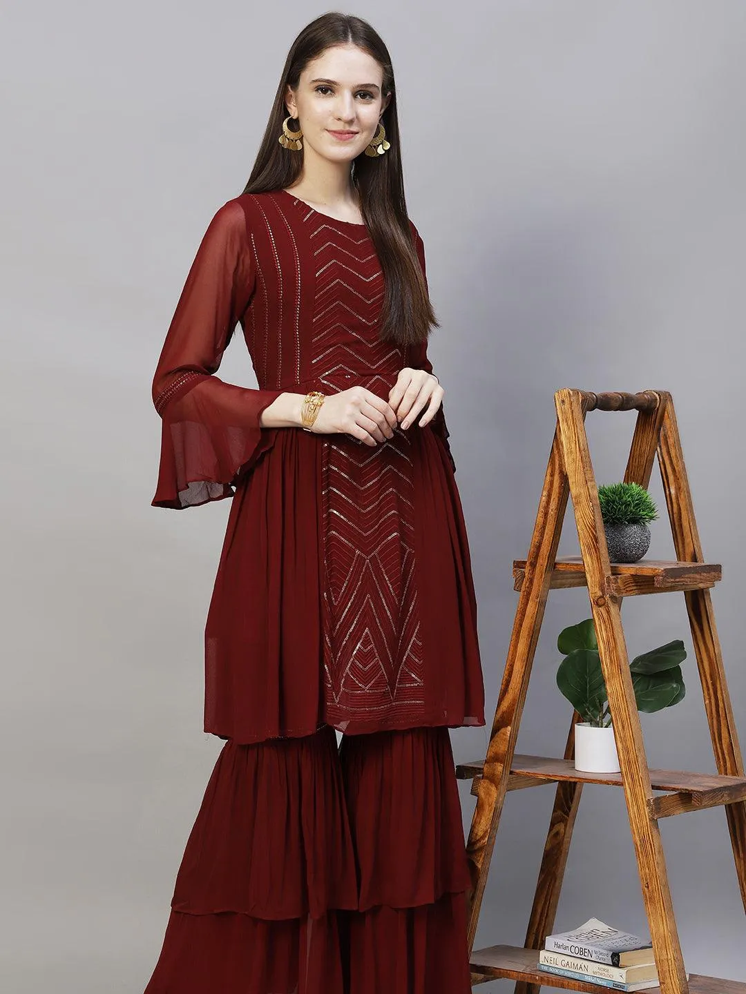 Ethnic Embroidered Peplum Flare Kurta with Sharara - Burgundy