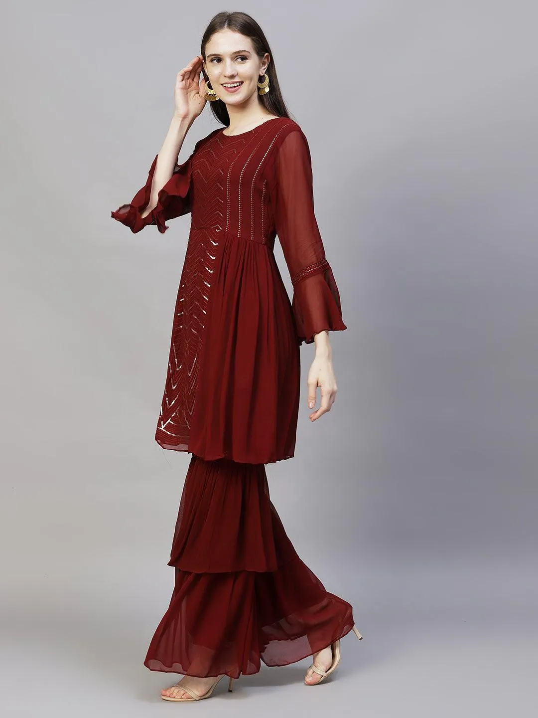 Ethnic Embroidered Peplum Flare Kurta with Sharara - Burgundy