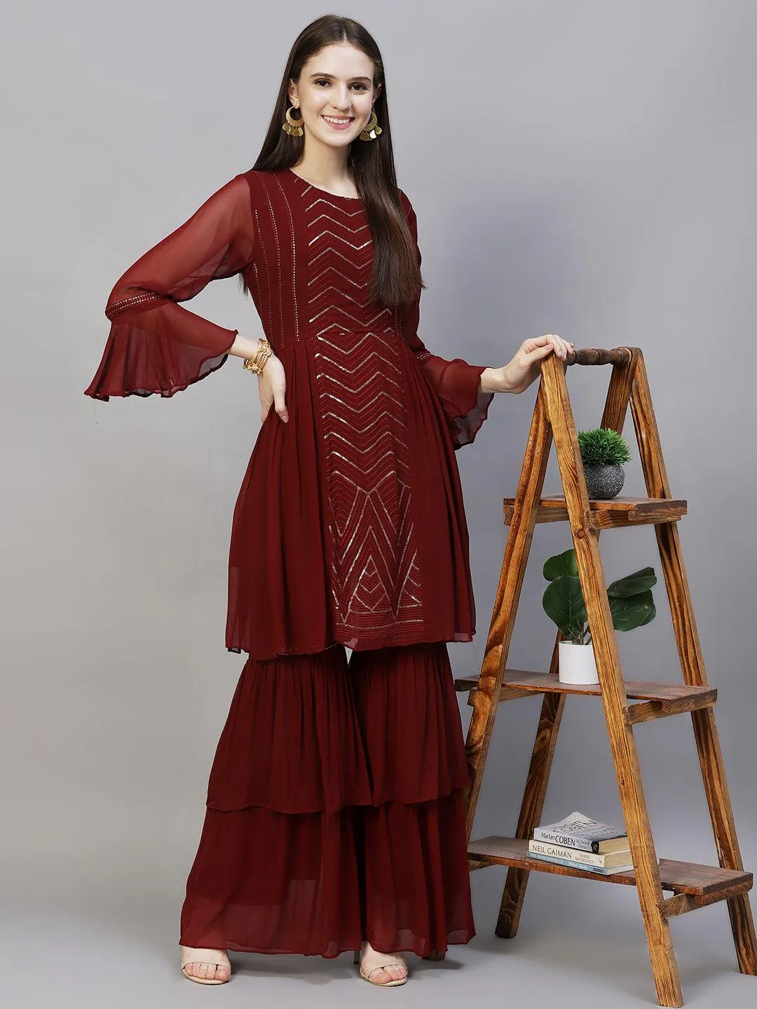 Ethnic Embroidered Peplum Flare Kurta with Sharara - Burgundy