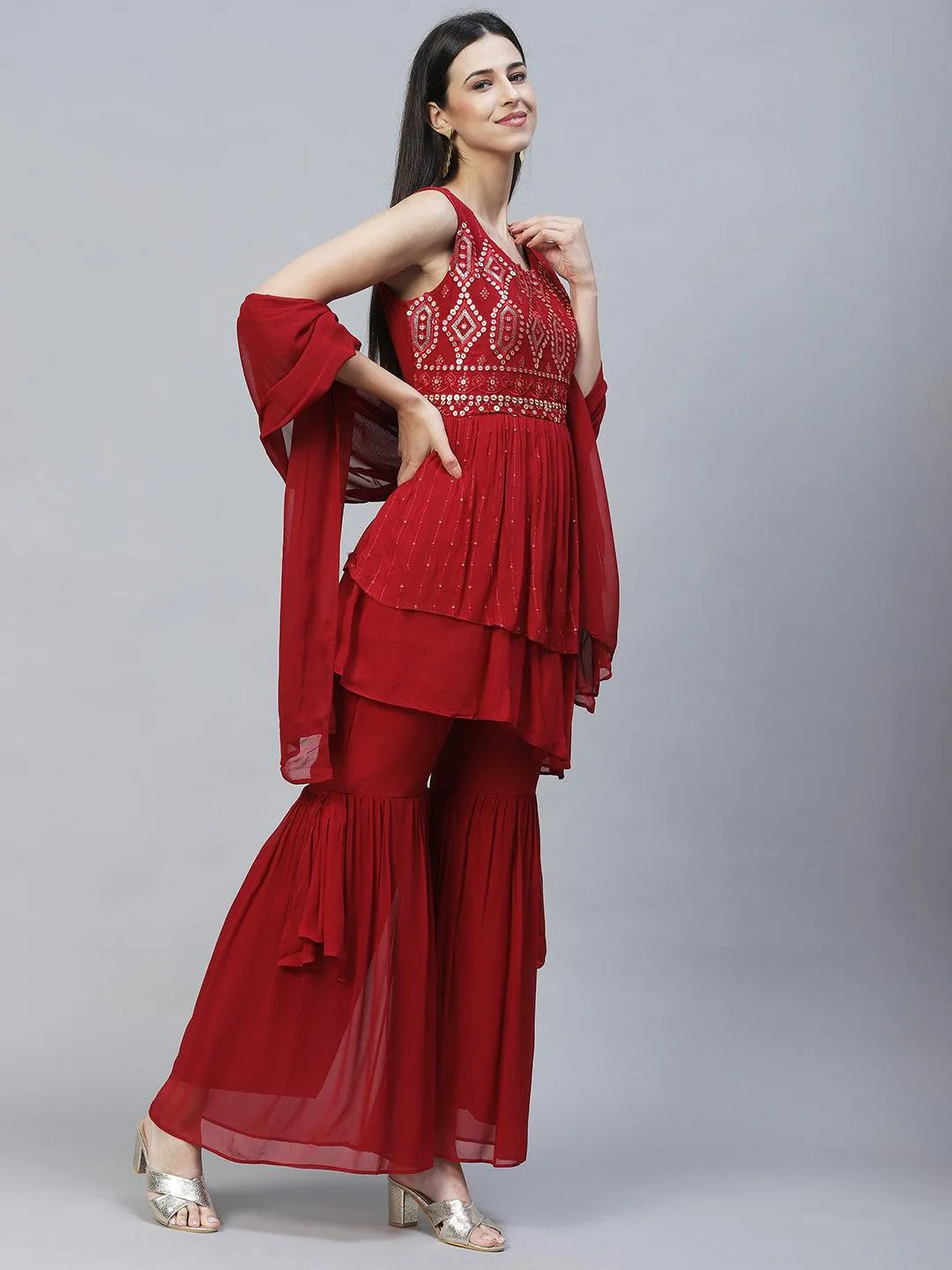 Ethnic Embroidered Peplum Kurta with Sharara & Dupatta - Maroon