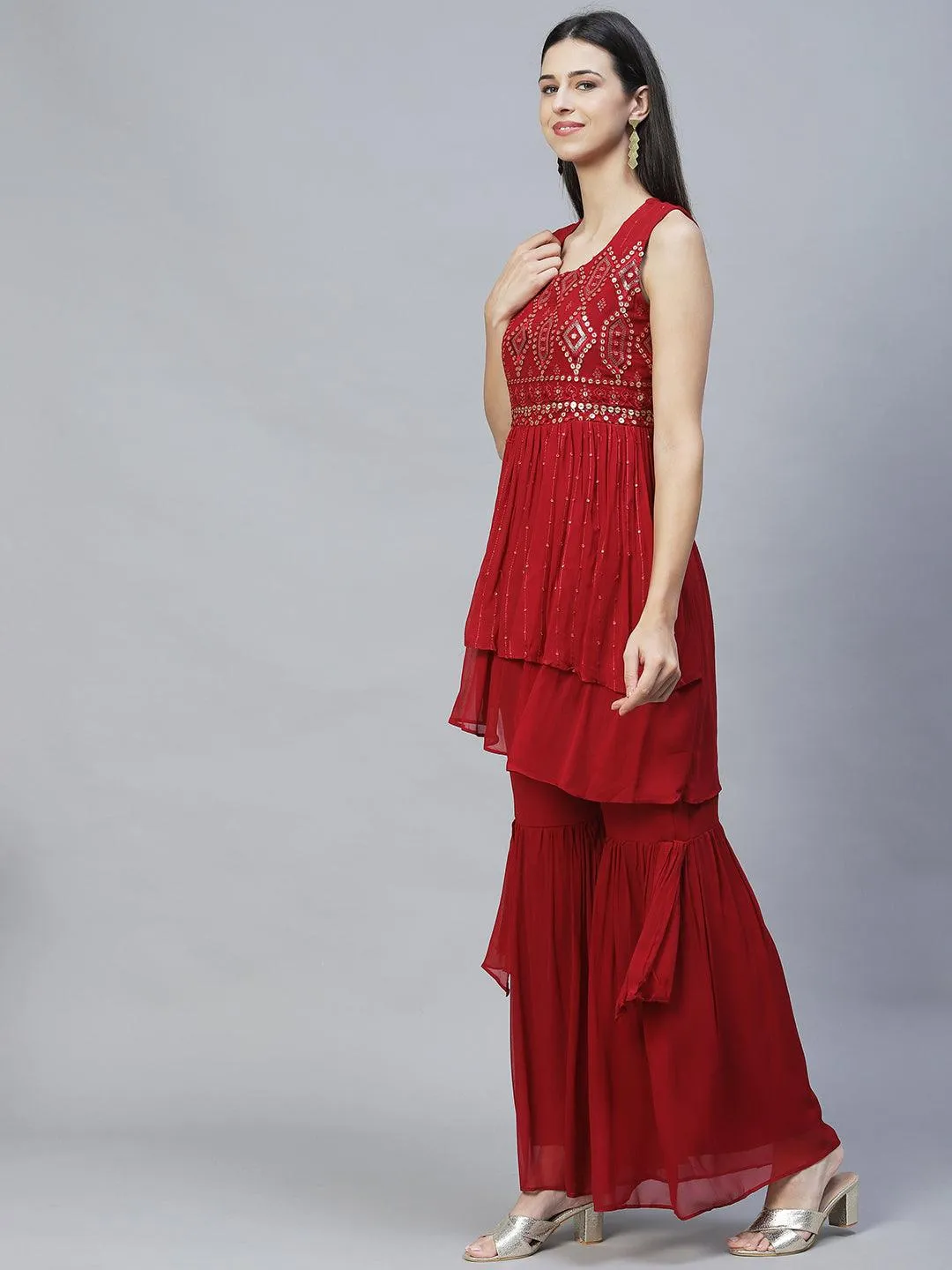 Ethnic Embroidered Peplum Kurta with Sharara & Dupatta - Maroon