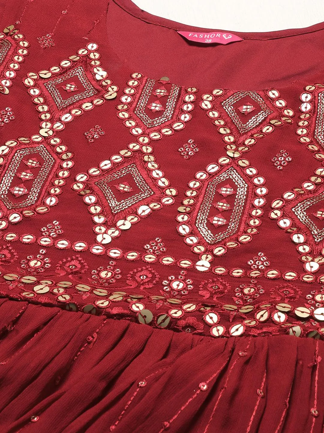 Ethnic Embroidered Peplum Kurta with Sharara & Dupatta - Maroon