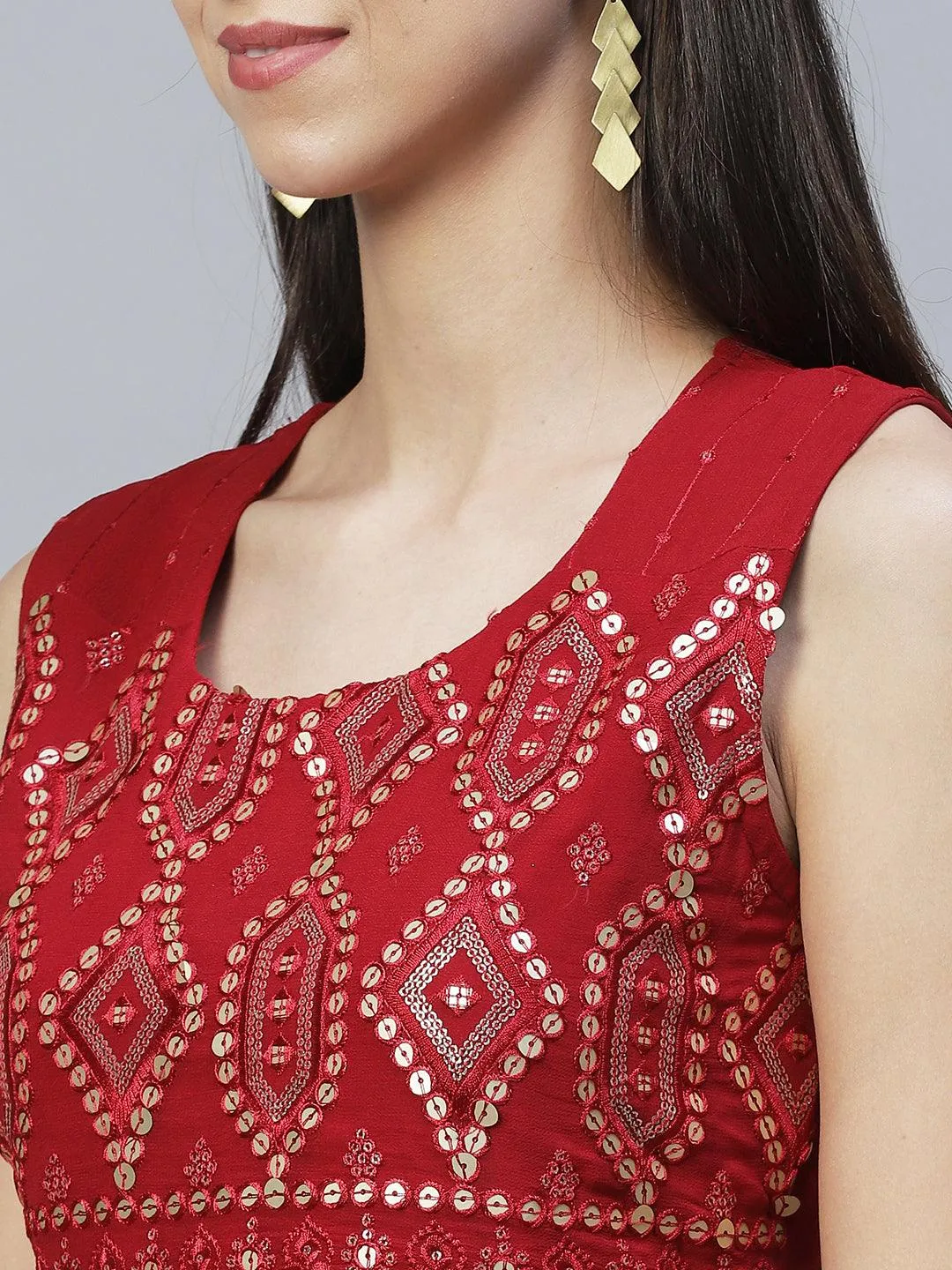 Ethnic Embroidered Peplum Kurta with Sharara & Dupatta - Maroon