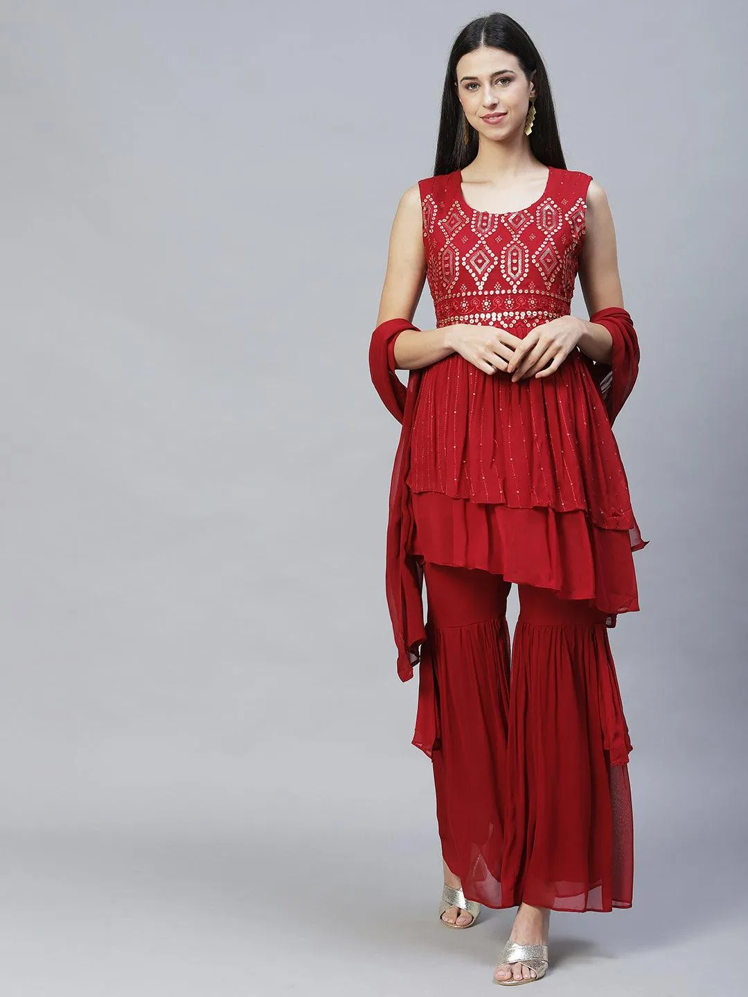 Ethnic Embroidered Peplum Kurta with Sharara & Dupatta - Maroon