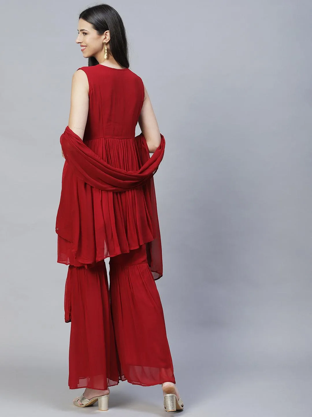 Ethnic Embroidered Peplum Kurta with Sharara & Dupatta - Maroon