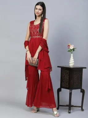 Ethnic Embroidered Peplum Kurta with Sharara & Dupatta - Maroon