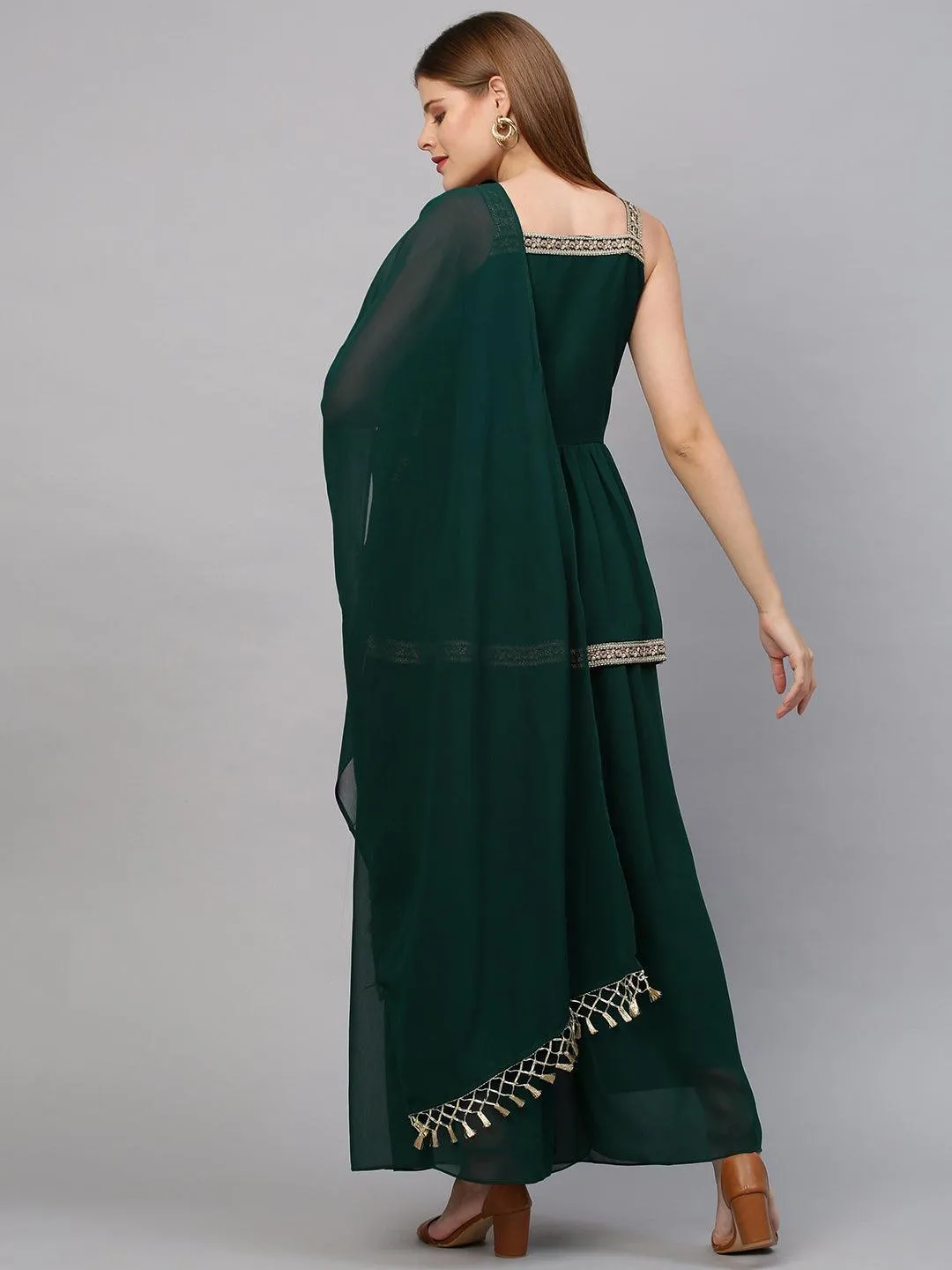 Ethnic Embroidered Peplum with Palazzo and Dupatta - Emerald Green