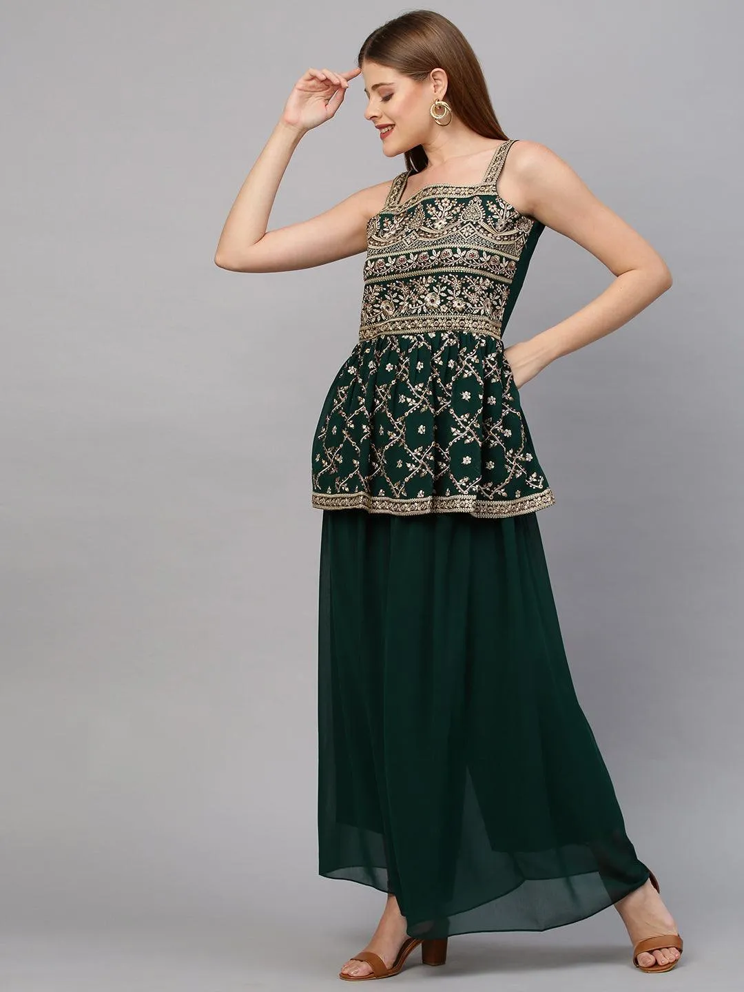 Ethnic Embroidered Peplum with Palazzo and Dupatta - Emerald Green