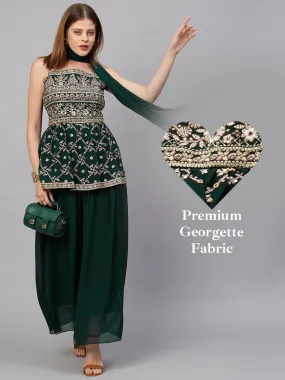 Ethnic Embroidered Peplum with Palazzo and Dupatta - Emerald Green