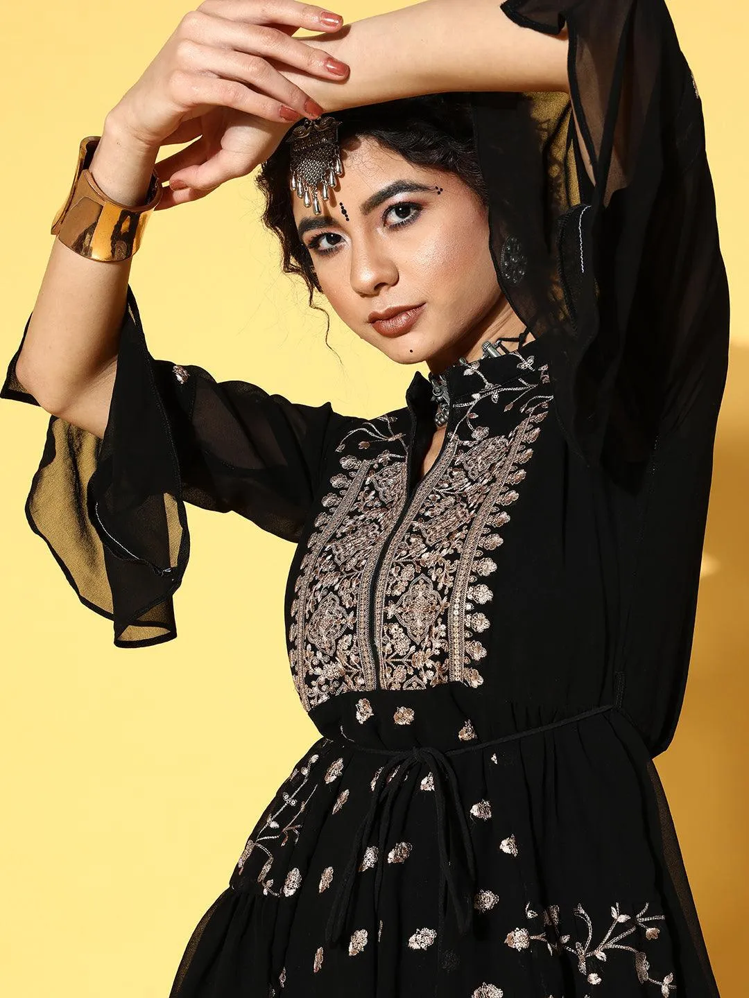 Ethnic Embroidered Short Kurta with Palazzo with Belt - Black