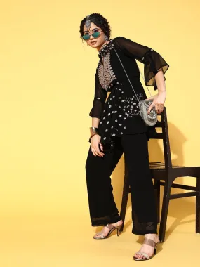 Ethnic Embroidered Short Kurta with Palazzo with Belt - Black