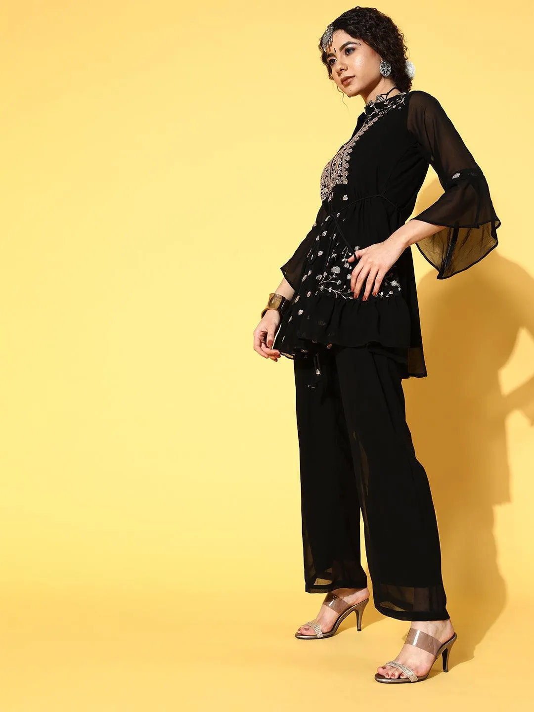 Ethnic Embroidered Short Kurta with Palazzo with Belt - Black