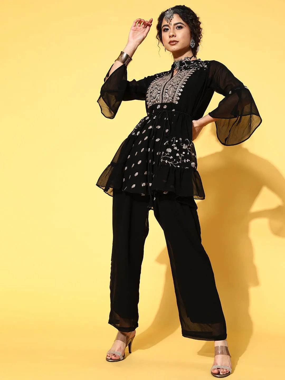 Ethnic Embroidered Short Kurta with Palazzo with Belt - Black