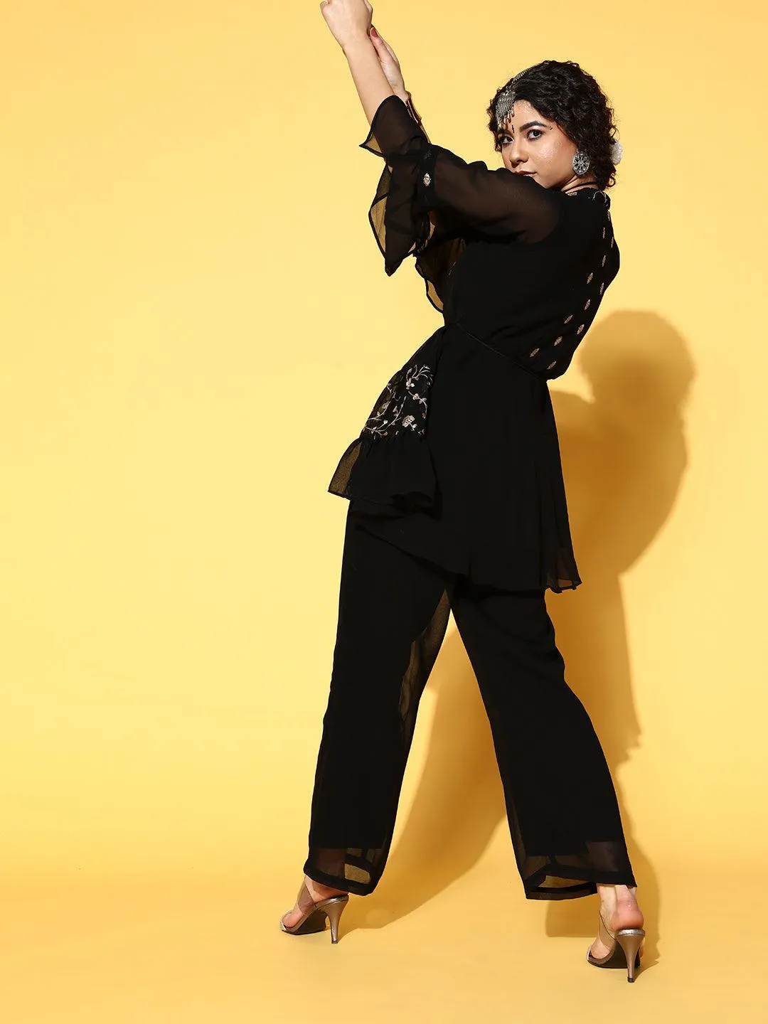 Ethnic Embroidered Short Kurta with Palazzo with Belt - Black