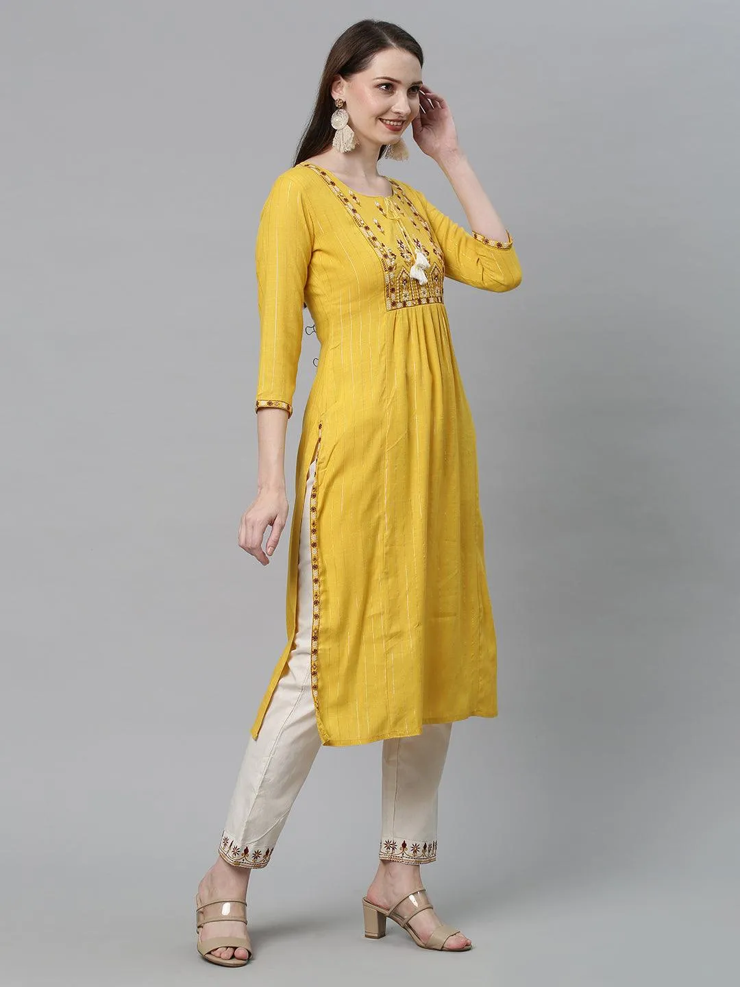 Ethnic Embroidered Straight Fit Kurta with Pants - Yellow