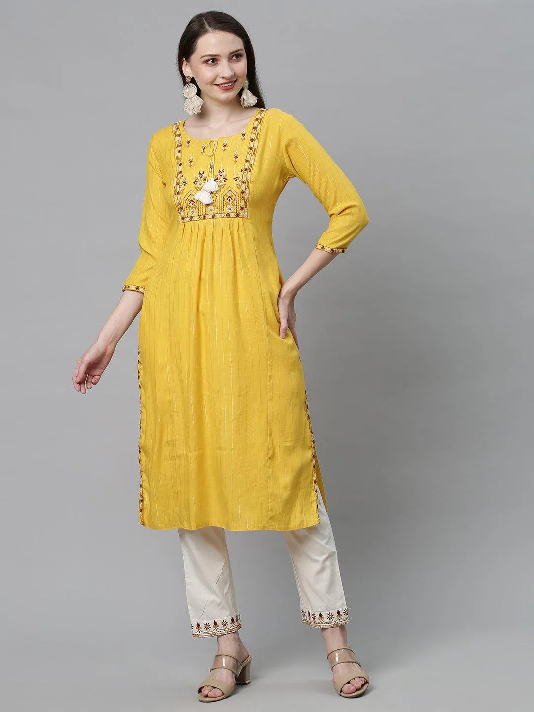 Ethnic Embroidered Straight Fit Kurta with Pants - Yellow