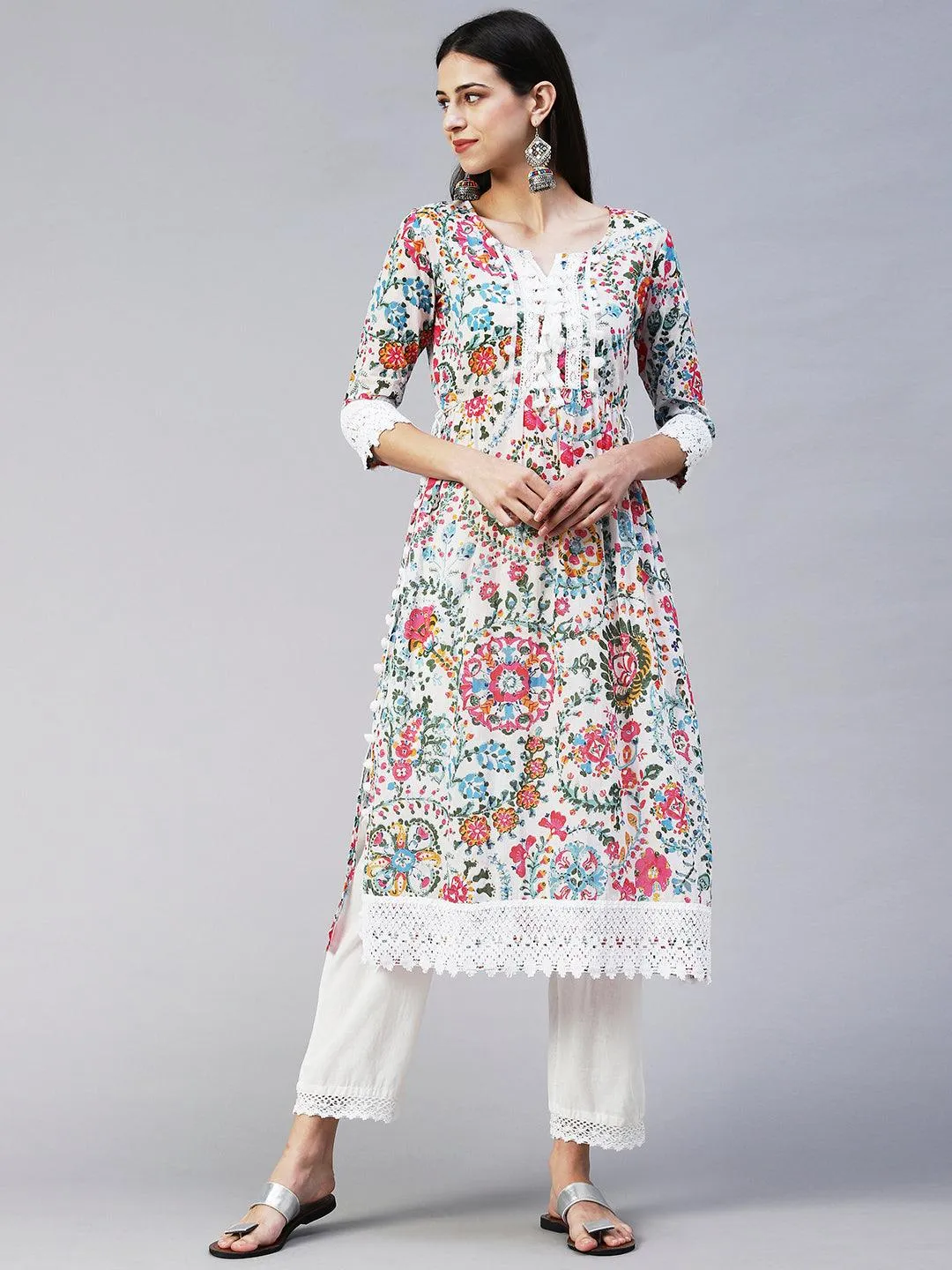 Ethnic Floral Printed A-Line Kurta with Pant - Multi