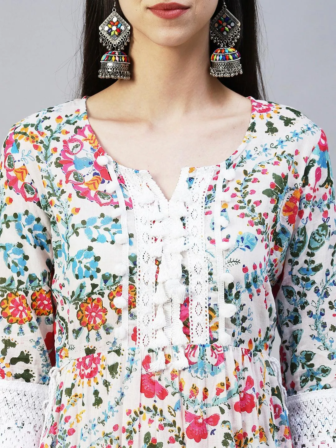 Ethnic Floral Printed A-Line Kurta with Pant - Multi