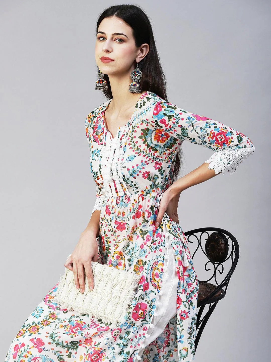 Ethnic Floral Printed A-Line Kurta with Pant - Multi