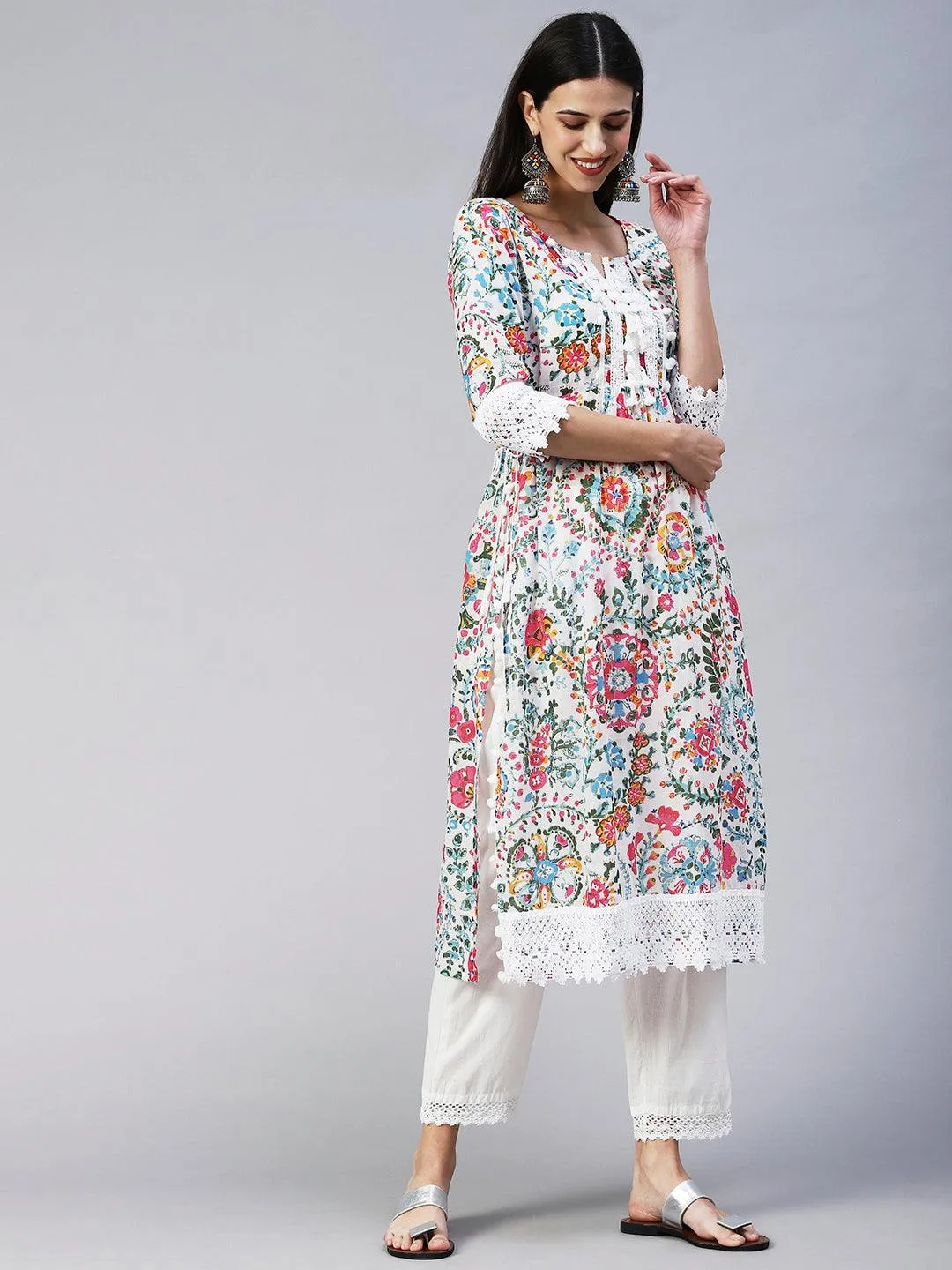 Ethnic Floral Printed A-Line Kurta with Pant - Multi