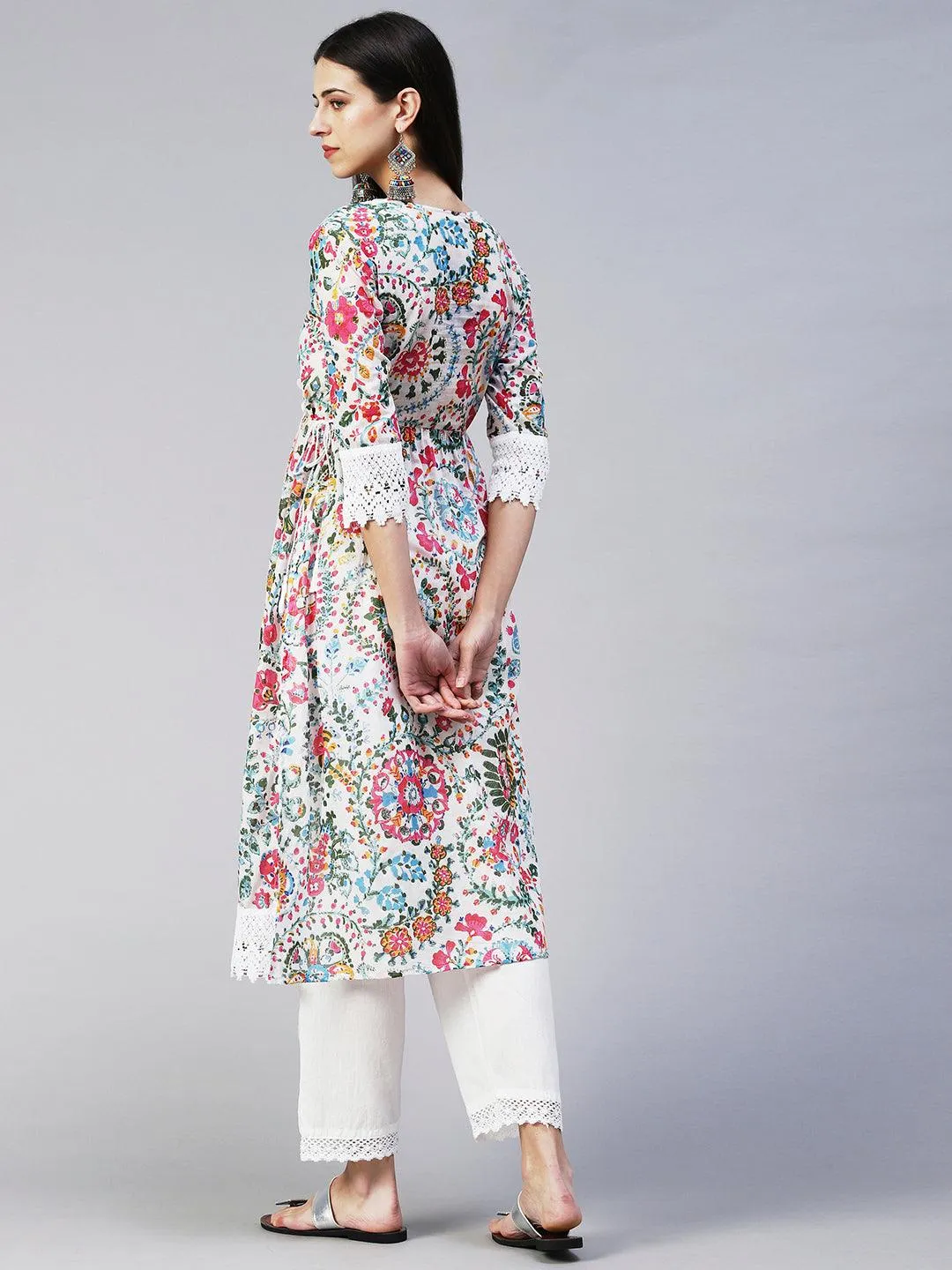 Ethnic Floral Printed A-Line Kurta with Pant - Multi