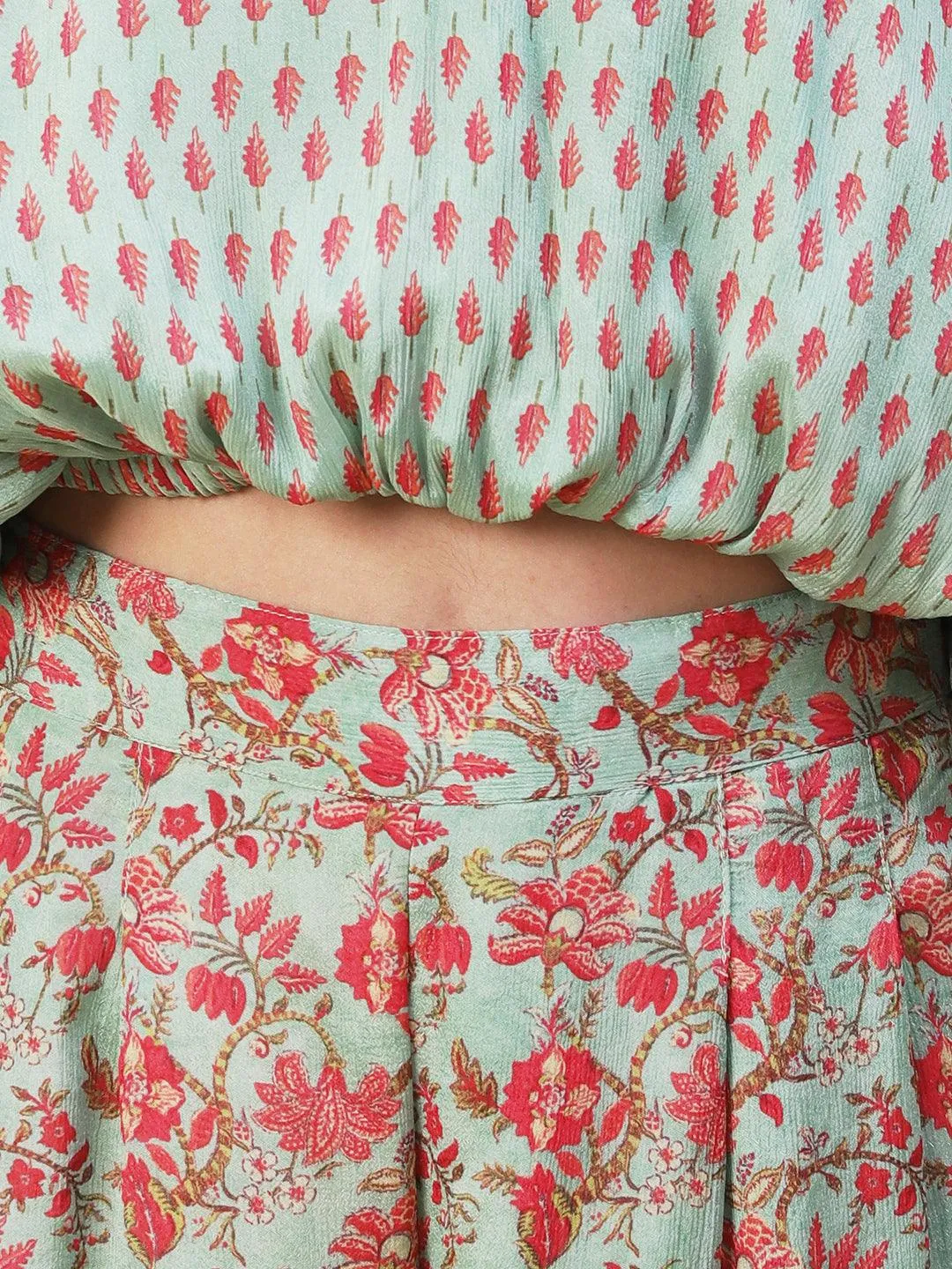 Ethnic Floral Printed Kaftan Crop Top with Palazzo - Green