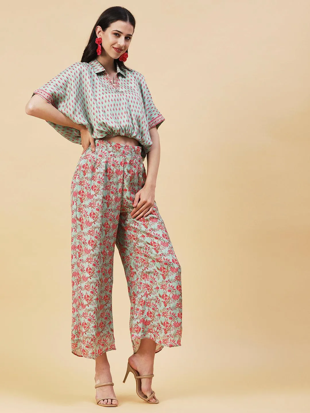Ethnic Floral Printed Kaftan Crop Top with Palazzo - Green