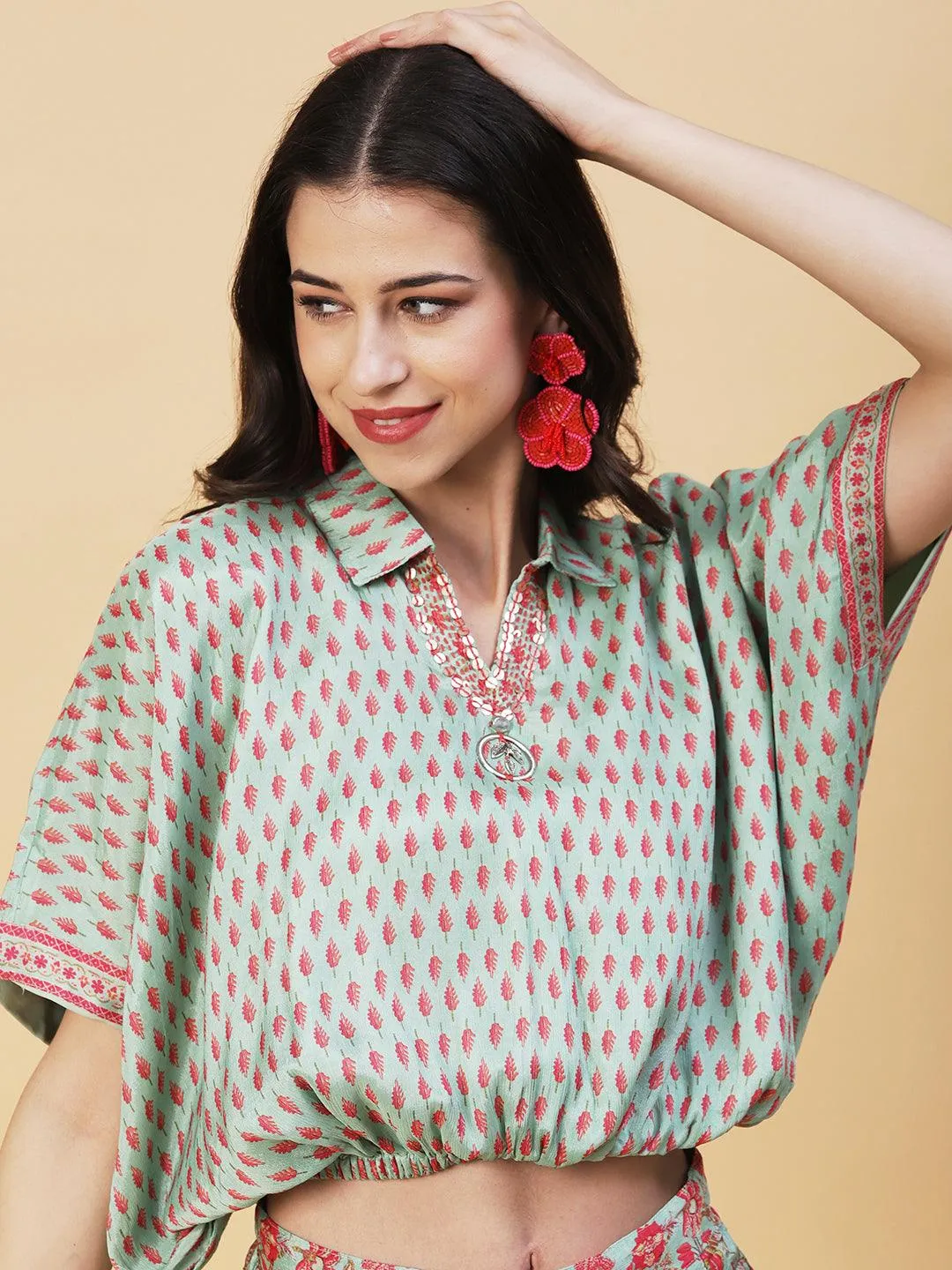 Ethnic Floral Printed Kaftan Crop Top with Palazzo - Green