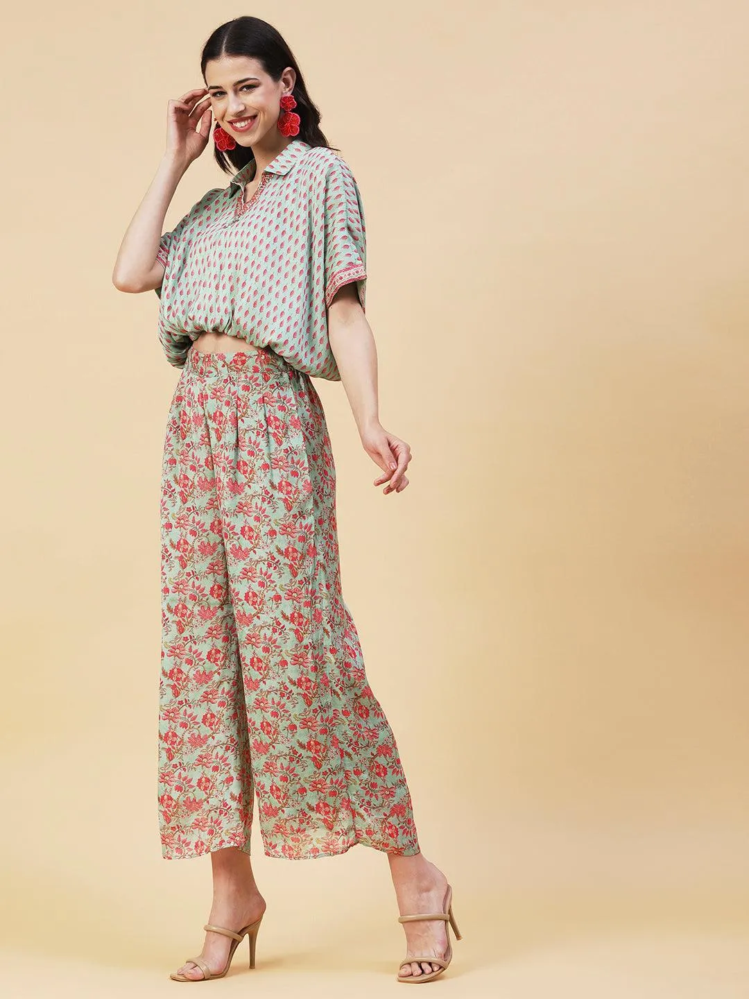 Ethnic Floral Printed Kaftan Crop Top with Palazzo - Green